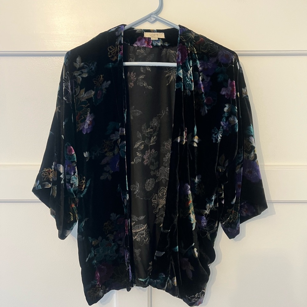 LOFT Black Velvet Floral Open Jacket with Purple and Teal Blooms